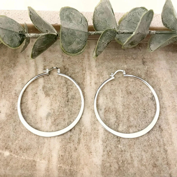 925 Sterling Silver Hoop Earrings Large Silver Hoops Modern Silver Hoops - Picture 1 of 4